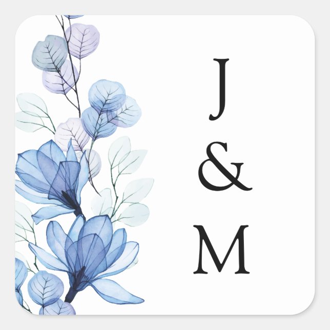 Elegant Monogram Dusty Blue Floral Wedding Square Sticker (Front)