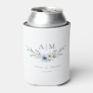 Elegant Monogram Dusty Blue Wedding Can Cooler