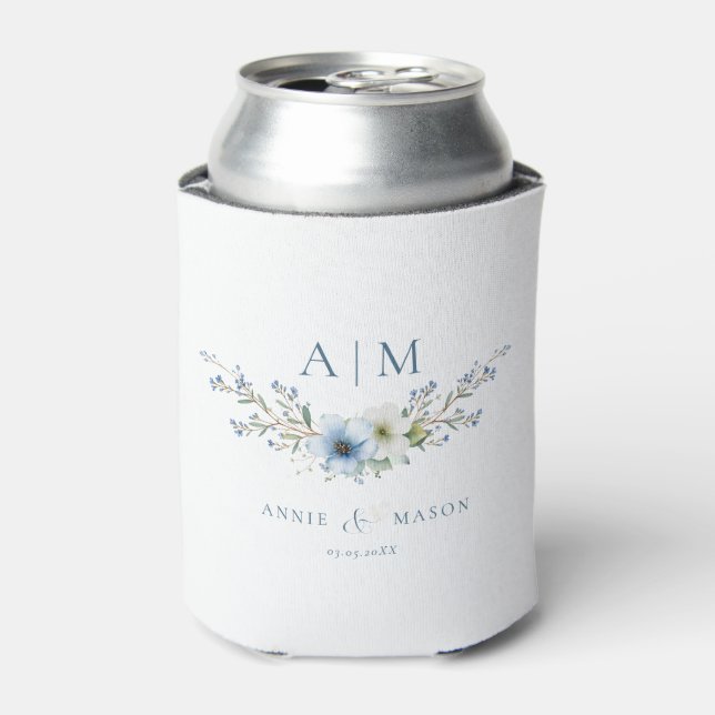 Elegant Monogram Dusty Blue Wedding Can Cooler (Can Front)