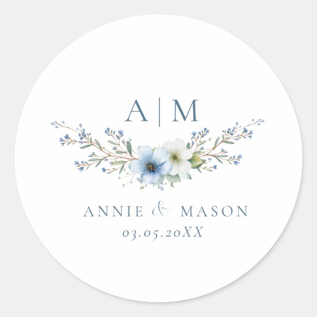 Elegant Monogram Dusty Blue Wedding Classic Round Sticker (Front)