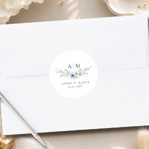 Elegant Monogram Dusty Blue Wedding Classic Round Sticker
