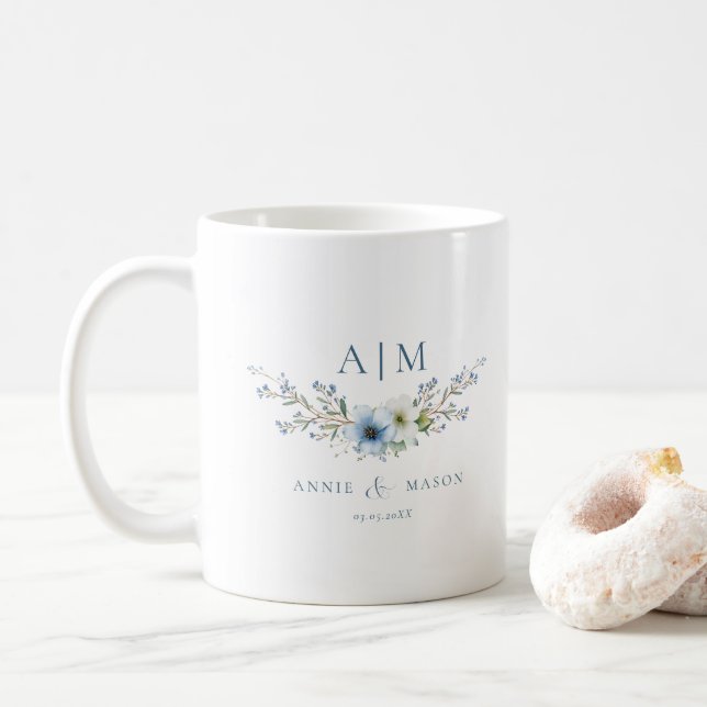 Elegant Monogram Dusty Blue Wedding Coffee Mug (With Donut)