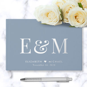Elegant Monogram Dusty Blue Wedding Guest Book
