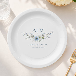 Elegant Monogram Dusty Blue Wedding Paper Plate