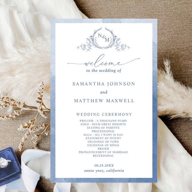 Elegant  Monogram Dusty Blue Wedding Program (Creator Uploaded)
