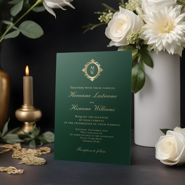 Elegant Monogram Emerald Green Gold Wedding Invitation (Creator Uploaded)