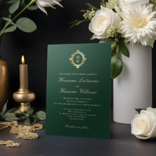 Elegant Monogram Emerald Green Gold Wedding Invitation