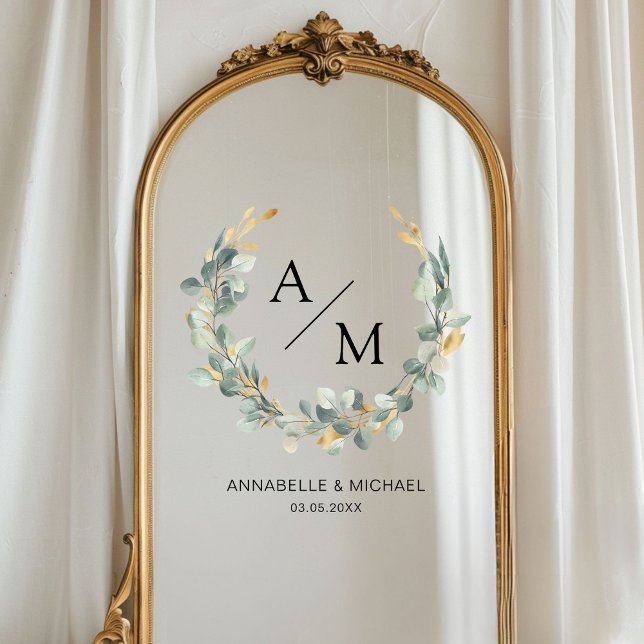 Elegant, monogram, eucalyptus, wedding, wreath (Personalized, elegant, monogram, eucalyptus, wedding-wreath, window cling with your names and date.)
