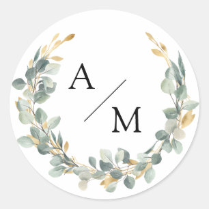 Elegant, monogram, eucalyptus wreath  classic round sticker