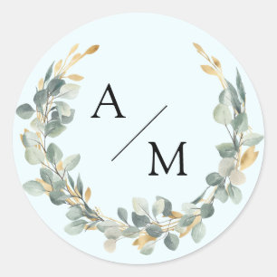 Elegant, monogram, eucalyptus wreath  classic round sticker