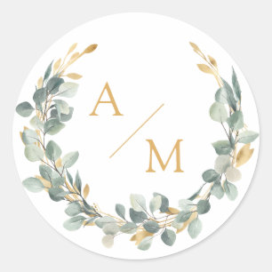 Elegant, monogram, eucalyptus wreath  classic round sticker
