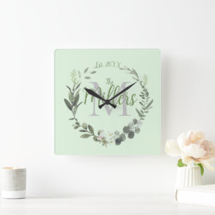 Elegant Monogram Family Name Foilage Round Clock