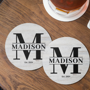 Elegant Monogram Family Name Initial Rustic Wooden Round Paper Coaster