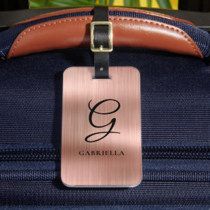 Elegant Monogram Faux Brushed Metal Rose Gold Luggage Tag