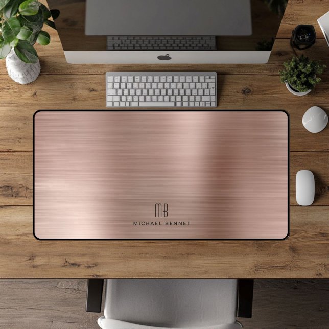 Elegant Monogram Faux Rose Gold Brushed Metallic Desk Mat (Elegant Monogram Faux Rose Gold Brushed Metallic Desk Mat)