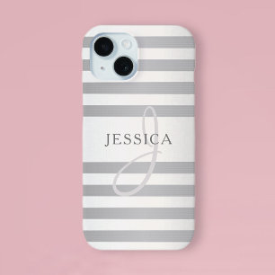 Elegant Monogram Faux Silver Gradient Grey Stripes iPhone 15 Case