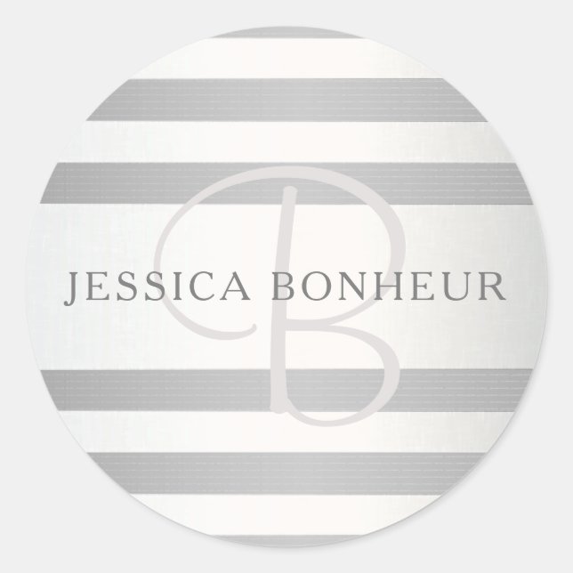 Elegant Monogram Faux Silver Gradient Grey Stripes Classic Round Sticker (Front)