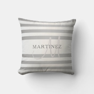 Elegant Monogram Faux Silver Gradient Grey Stripes Cushion