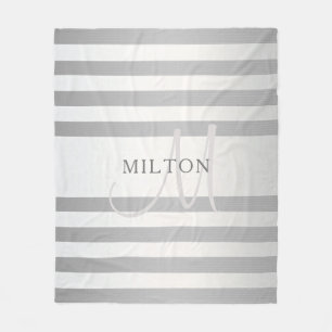 Elegant Monogram Faux Silver Gradient Grey Stripes Fleece Blanket