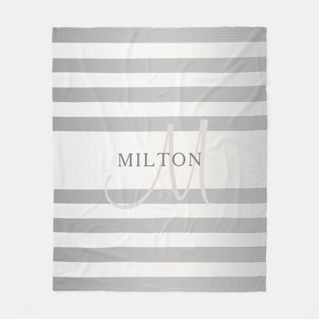 Elegant Monogram Faux Silver Gradient Grey Stripes Fleece Blanket (Front)