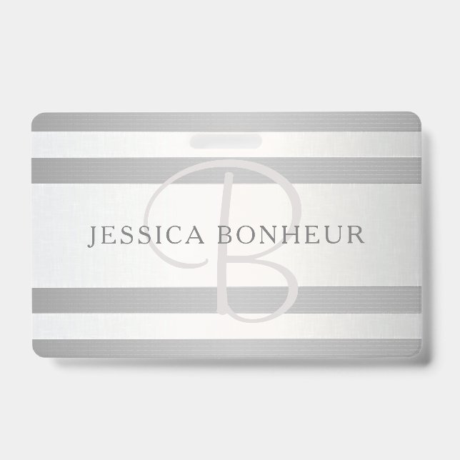 Elegant Monogram Faux Silver Gradient Grey Stripes ID Badge (Front)