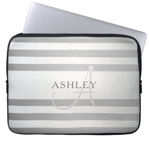 Elegant Monogram Faux Silver Gradient Grey Stripes Laptop Sleeve