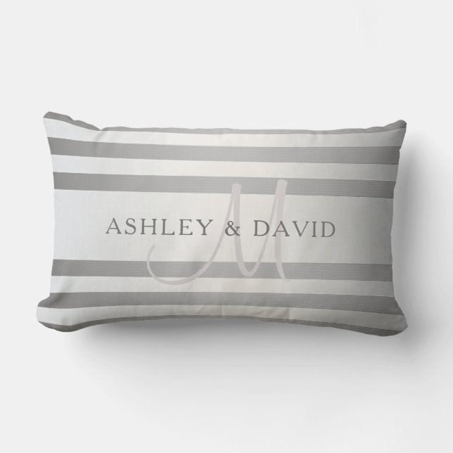 Elegant Monogram Faux Silver Gradient Grey Stripes Lumbar Cushion (Front)