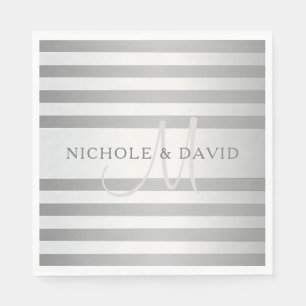 Elegant Monogram Faux Silver Gradient Grey Stripes Napkin