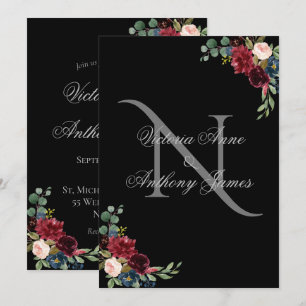 Elegant Monogram Floral Black Wedding Invitation