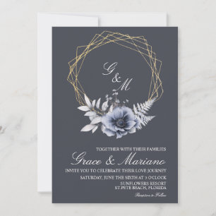 Elegant Monogram Floral Blue Wedding Invitation