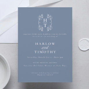 Elegant Monogram Floral Crest Dusty Blue Wedding  Invitation