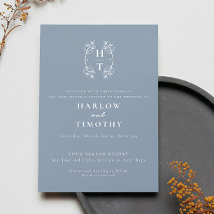 Elegant Monogram Floral Crest Dusty Blue Wedding Invitation