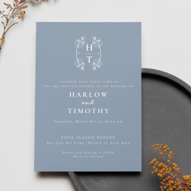 Elegant Monogram Floral Crest Dusty Blue Wedding Invitation (Creator Uploaded)