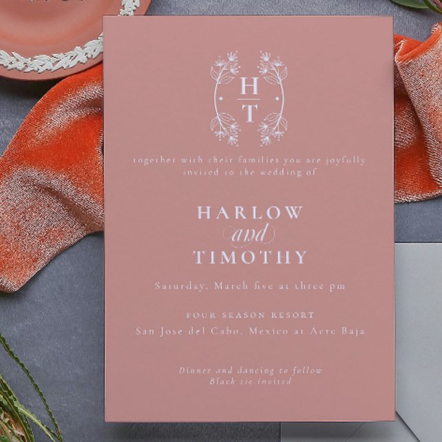 Elegant Monogram Floral Crest gold rose Wedding  Invitation (Elegant Monogram Floral Crest gold rose Wedding Invitation)