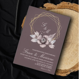 Elegant Monogram Floral Mauve Wedding Invitation