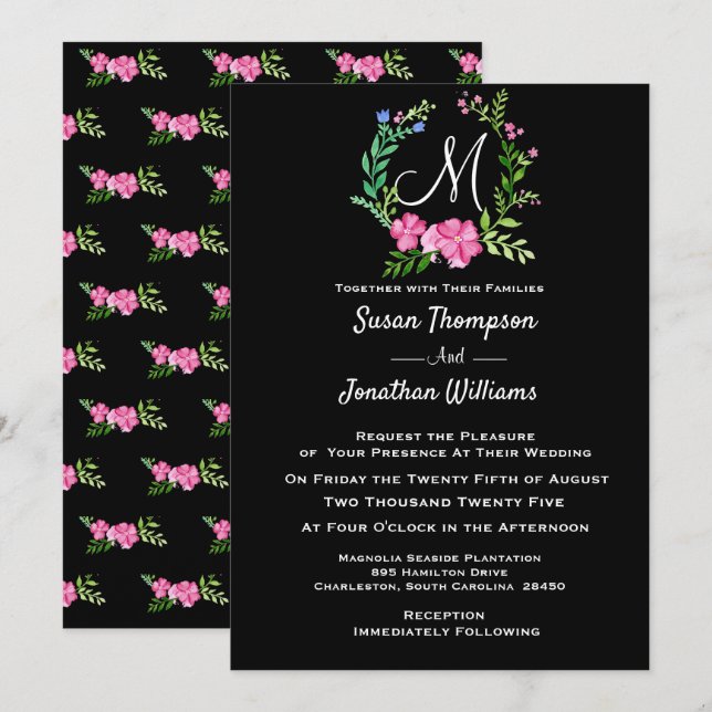 Elegant Monogram Floral on Black Wedding Invitation (Front/Back)