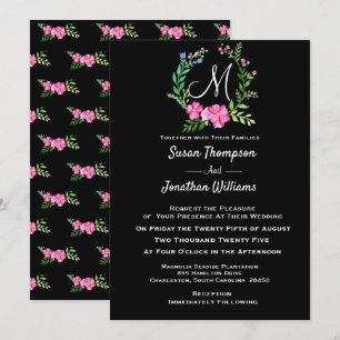 Elegant Monogram Floral on Black Wedding Invitation