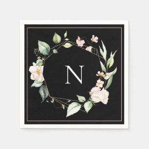 Elegant Monogram Floral Pink Black Wedding Napkins