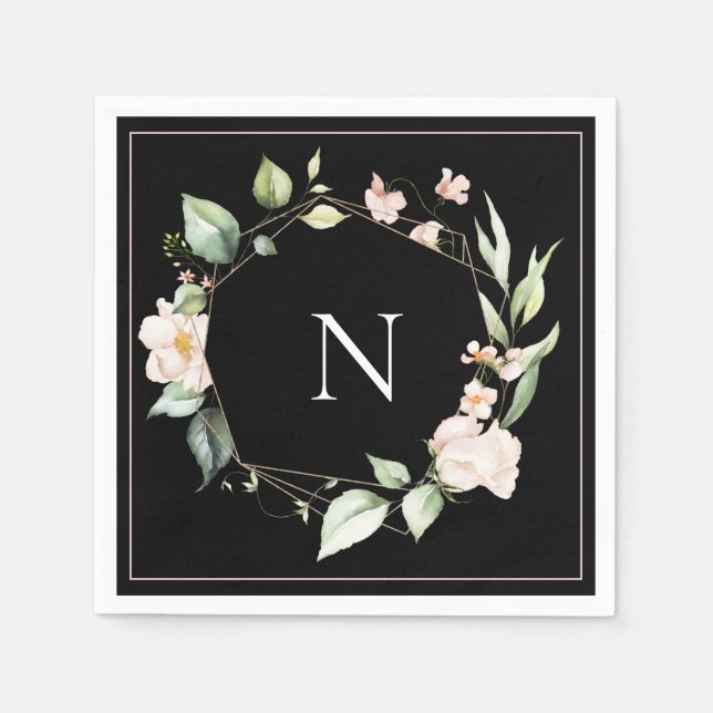 Elegant Monogram Floral Pink Black Wedding Napkins (Front)