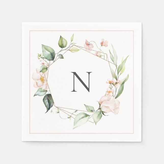 Elegant Monogram Floral Pink Blush Wedding Napkin (Front)