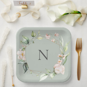 Elegant Monogram Floral Pink Sage Wedding Plates