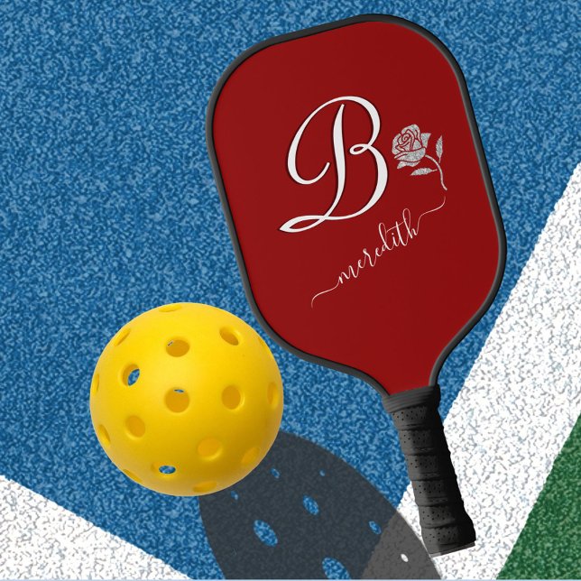 Elegant Monogram Floral Red Glitter  Pickleball Paddle (Creator Uploaded)
