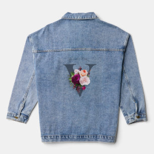 Elegant Monogram Floral Rose Blue Initial Modern Denim Jacket