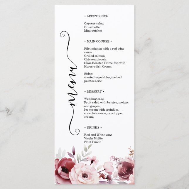 Elegant Monogram Floral Wedding Double-Sided  Menu (Front)