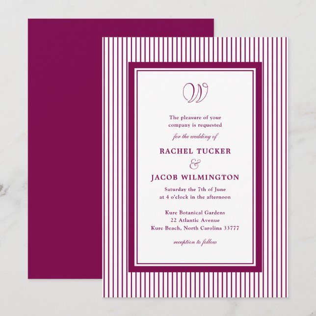 Elegant Monogram Forest Wine Red Striped Wedding Invitation (Front/Back)
