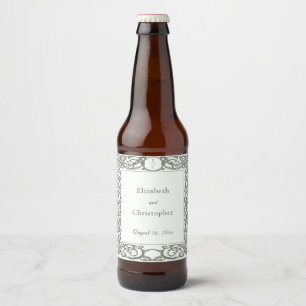 Elegant Monogram Frame Green Ivory Floral Wedding Beer Bottle Label