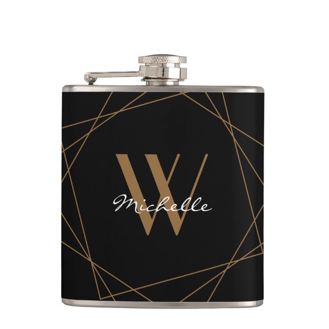 Elegant Monogram Geometric Pattern Black Gold Name Hip Flask (Front)