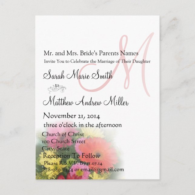 Elegant Monogram Gerber Daisies Wedding Invitation Postcard (Front)