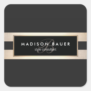 Elegant Monogram Gold and Black Striped Square Sticker