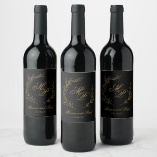 Elegant Monogram gold and black wine label